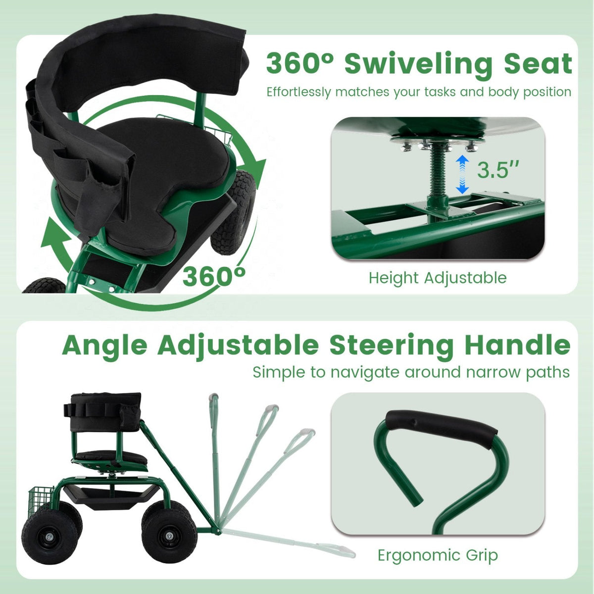 Cushioned Rolling Garden Cart Scooter with Storage Basket and Tool Pouch-Green