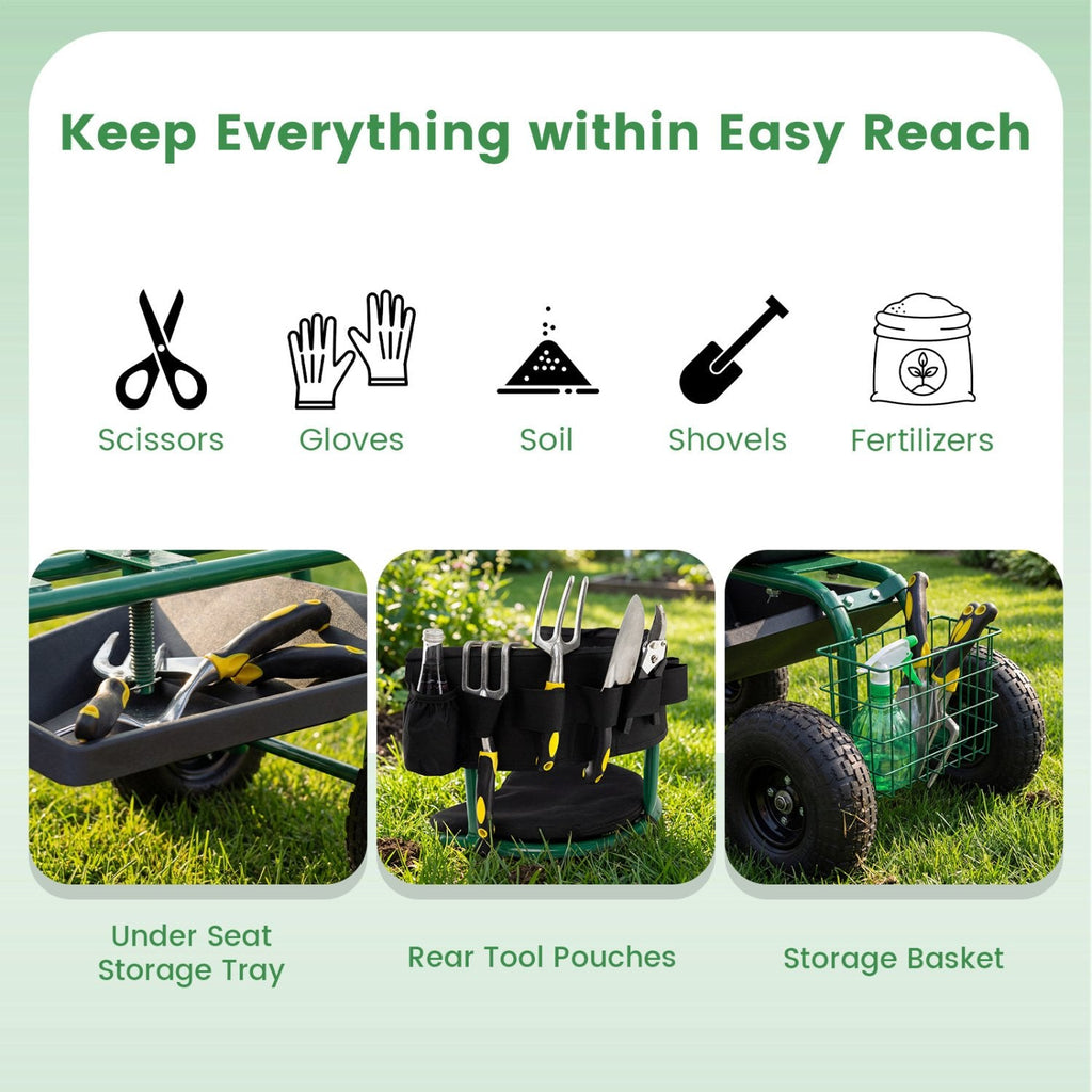Cushioned Rolling Garden Cart Scooter with Storage Basket and Tool Pouch-Green