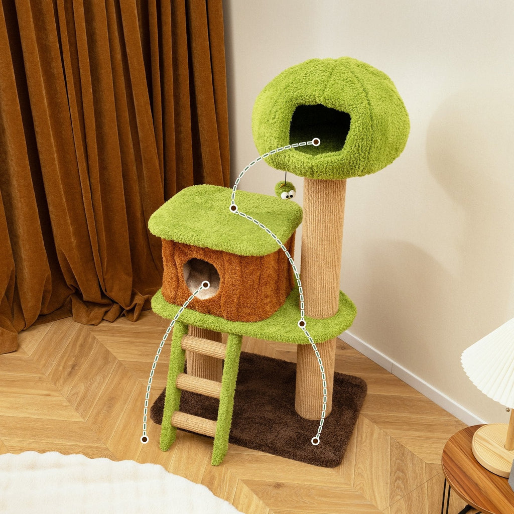 56 Inch Cat Tree with a Mushroom Cap Nest, Log Condo and a Sisal Ladder