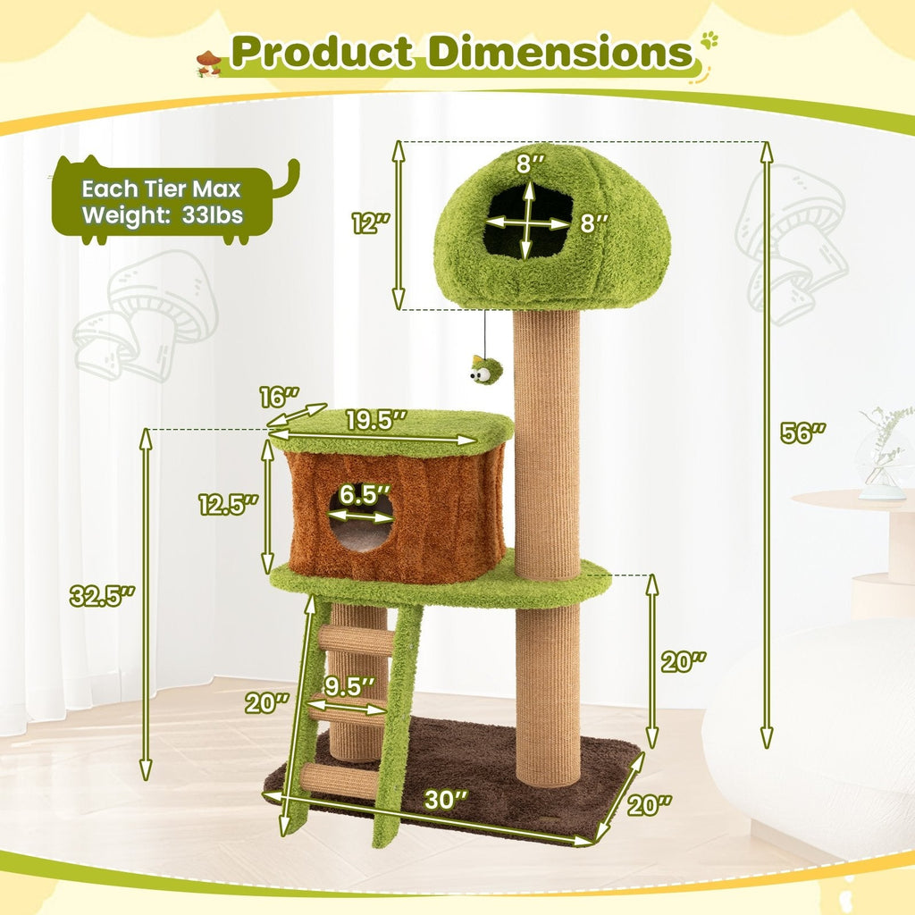 56 Inch Cat Tree with a Mushroom Cap Nest, Log Condo and a Sisal Ladder