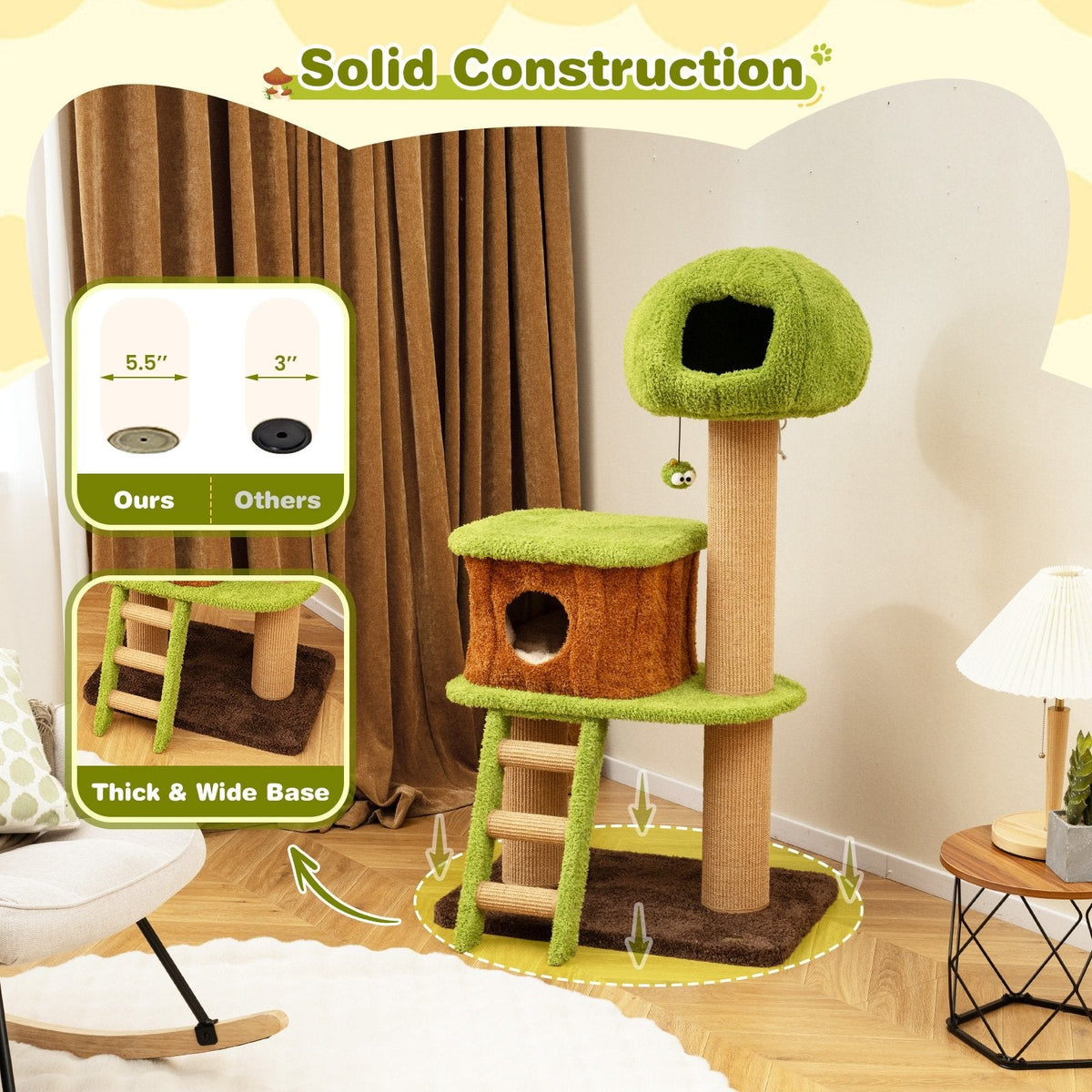 56 Inch Cat Tree with a Mushroom Cap Nest, Log Condo and a Sisal Ladder