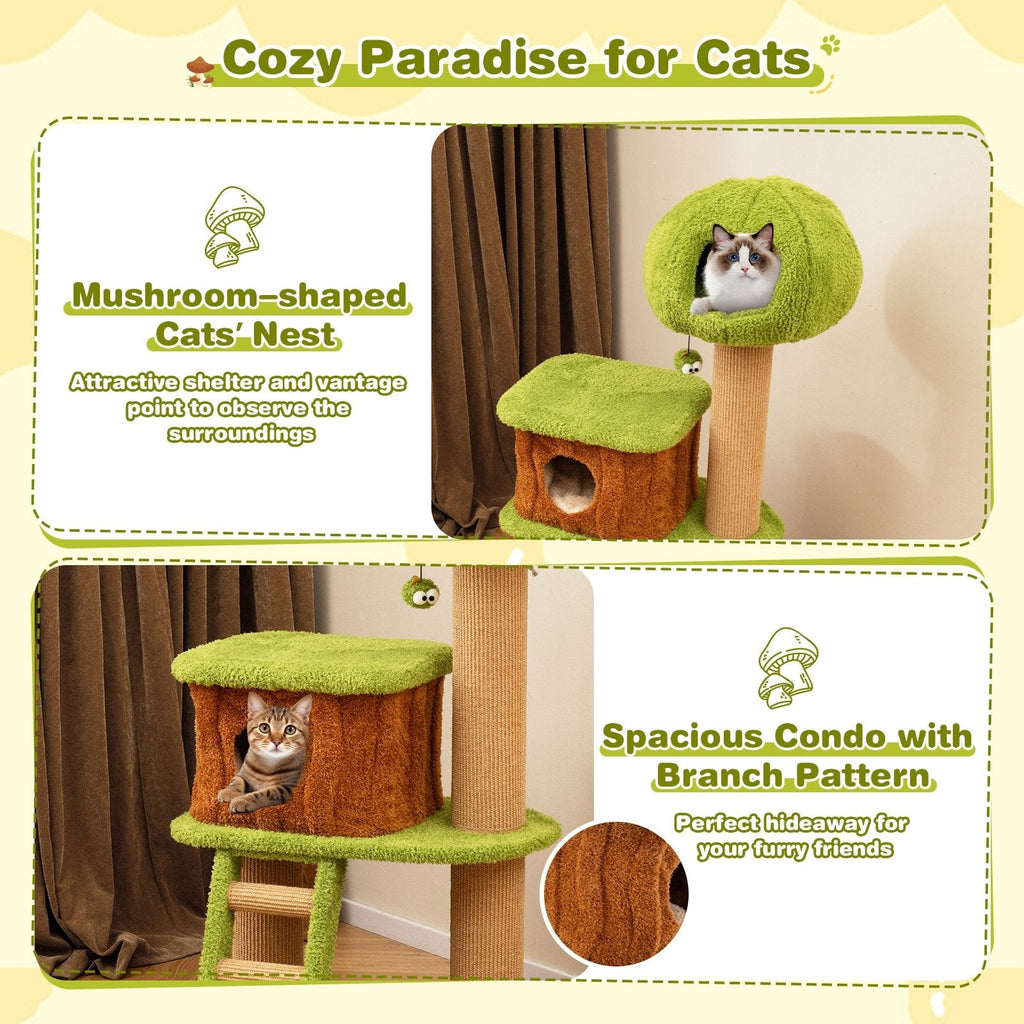 56 Inch Cat Tree with a Mushroom Cap Nest, Log Condo and a Sisal Ladder