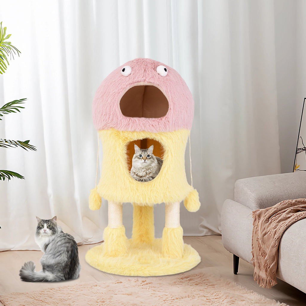 37 Inch Monster Cat Tower with Two Stacked Condos and Googly Eyes