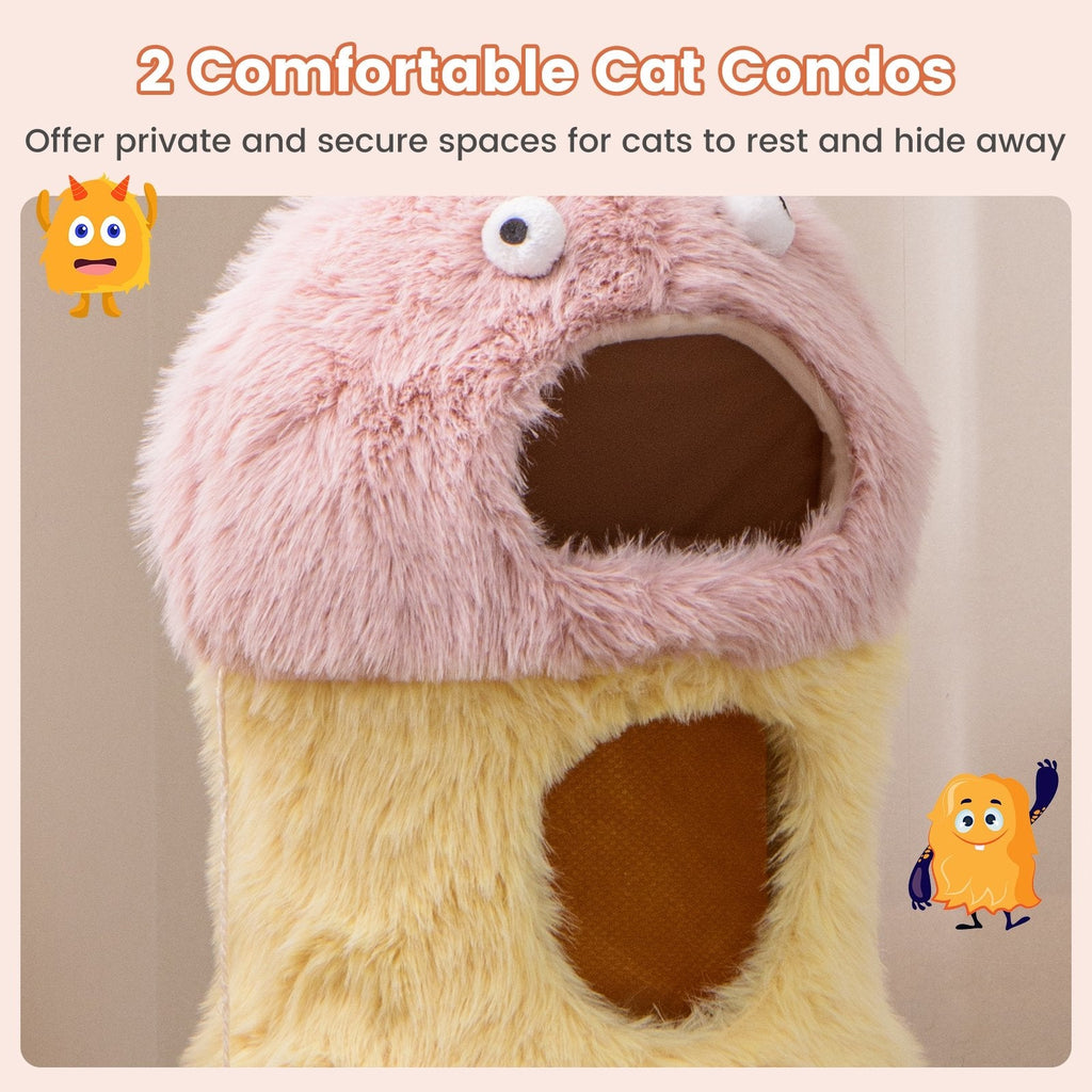 37 Inch Monster Cat Tower with Two Stacked Condos and Googly Eyes