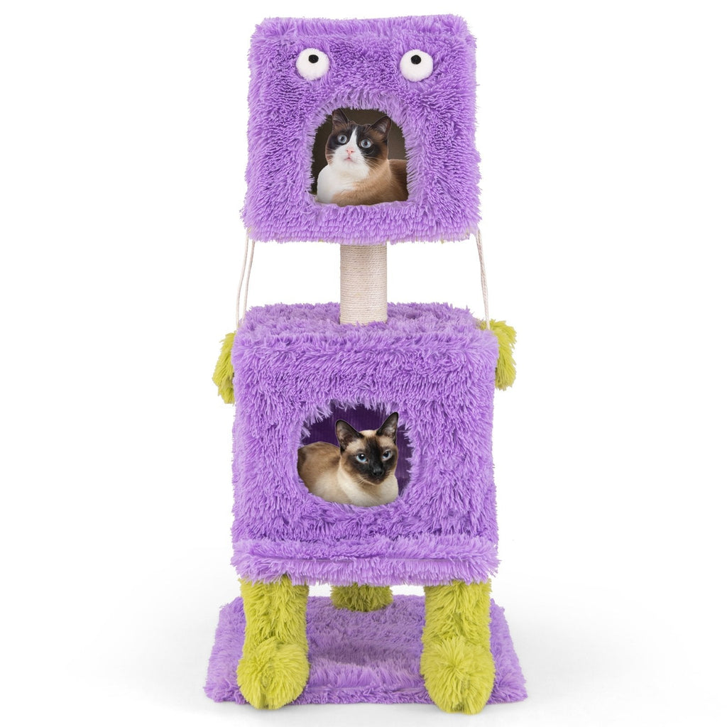 44 Inch Purple Monster Cat Tower with a Lift Off Condo Roof and Two Dens