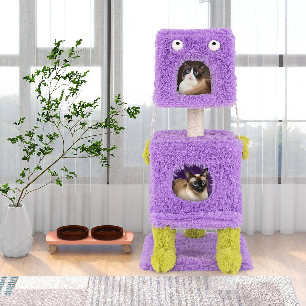 44 Inch Purple Monster Cat Tower with a Lift Off Condo Roof and Two Dens