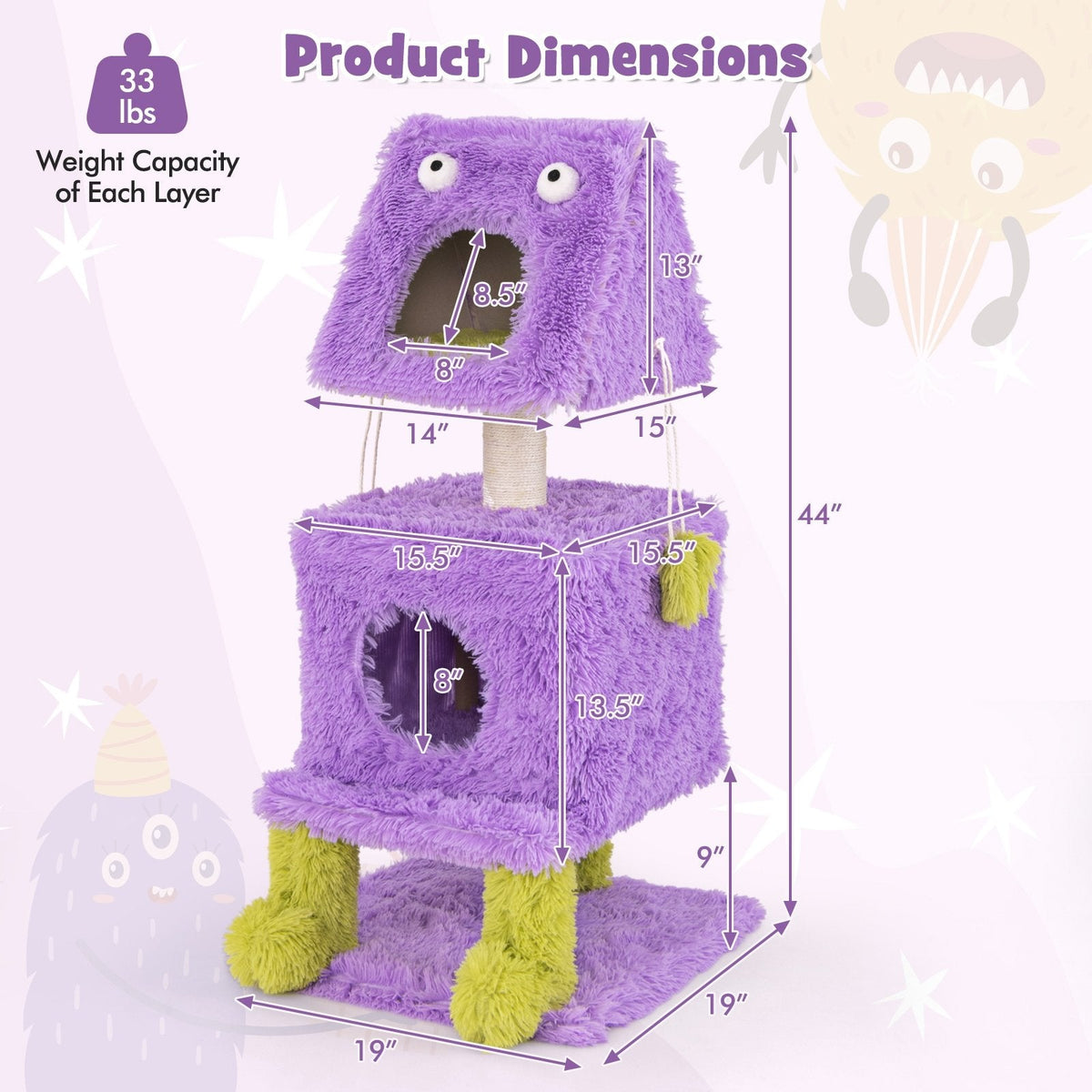 44 Inch Purple Monster Cat Tower with a Lift Off Condo Roof and Two Dens