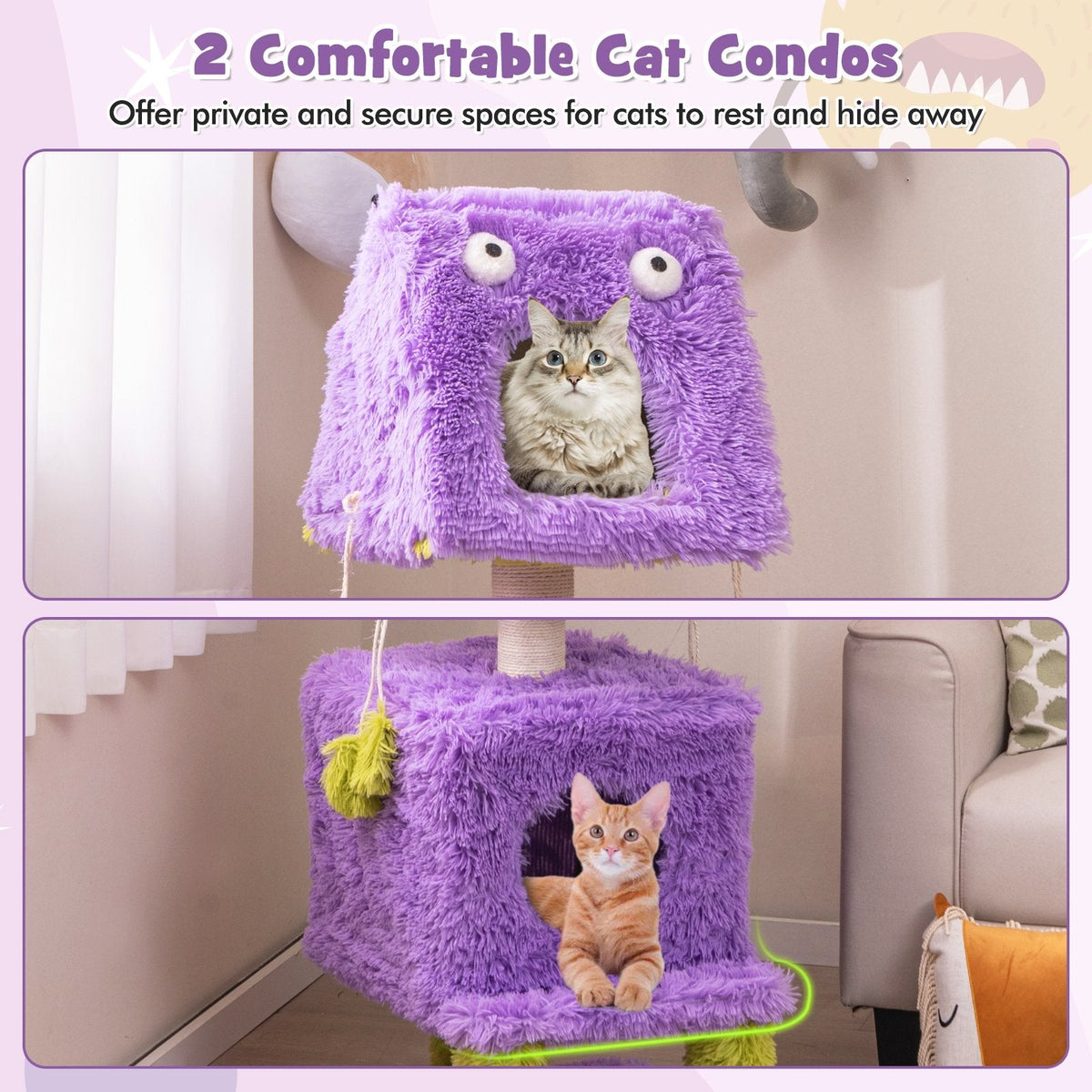 44 Inch Purple Monster Cat Tower with a Lift Off Condo Roof and Two Dens