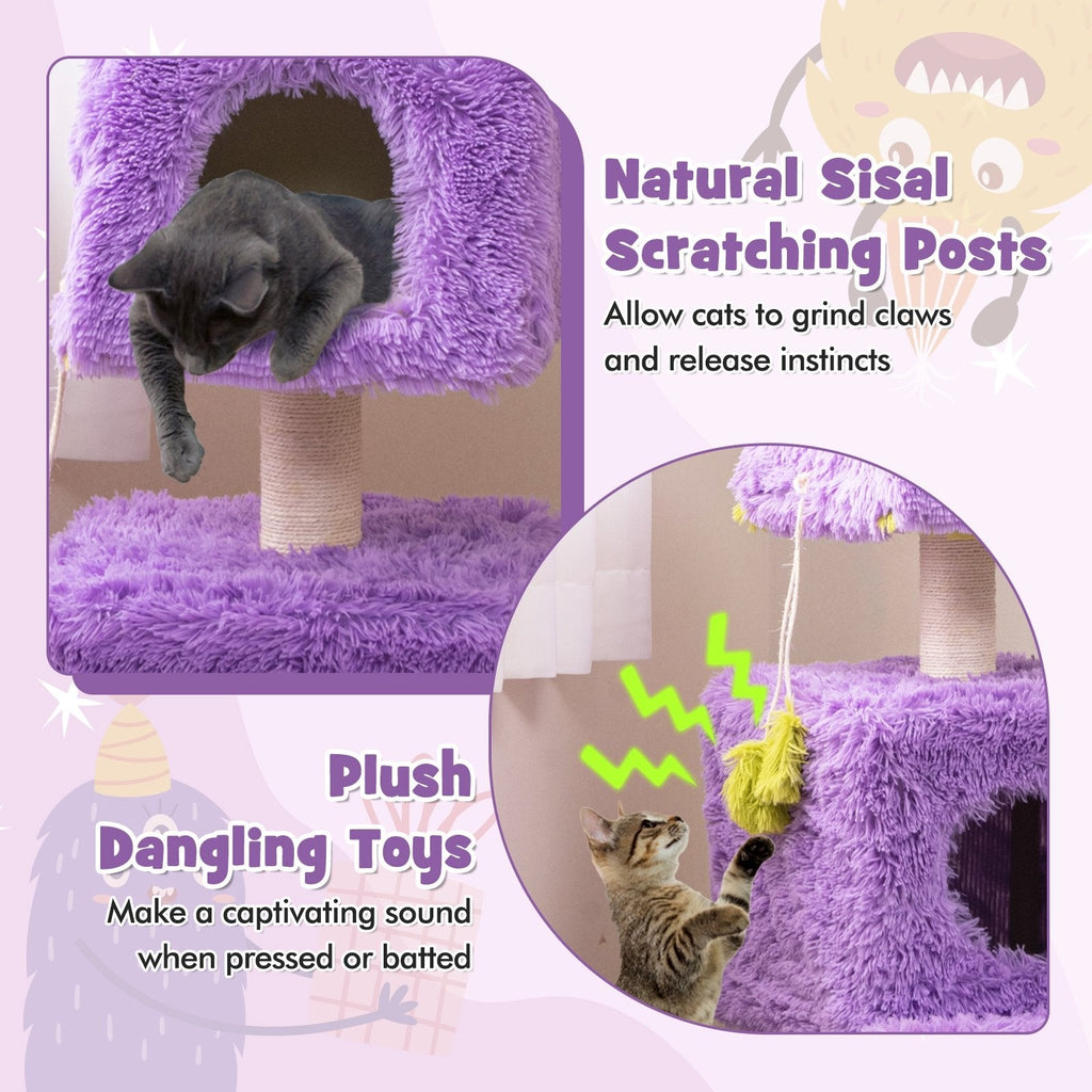 44 Inch Purple Monster Cat Tower with a Lift Off Condo Roof and Two Dens