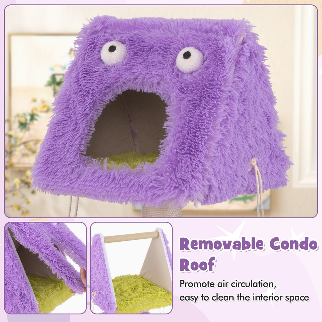 44 Inch Purple Monster Cat Tower with a Lift Off Condo Roof and Two Dens