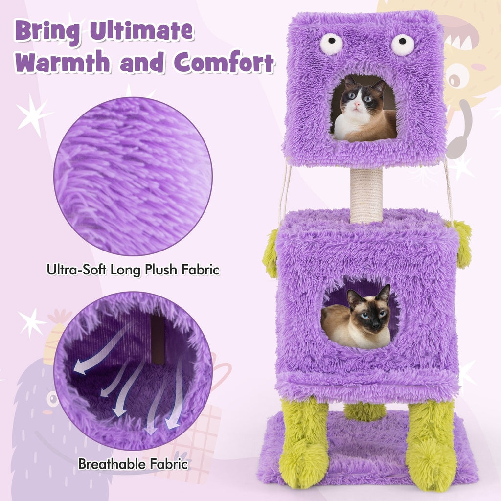 44 Inch Purple Monster Cat Tower with a Lift Off Condo Roof and Two Dens