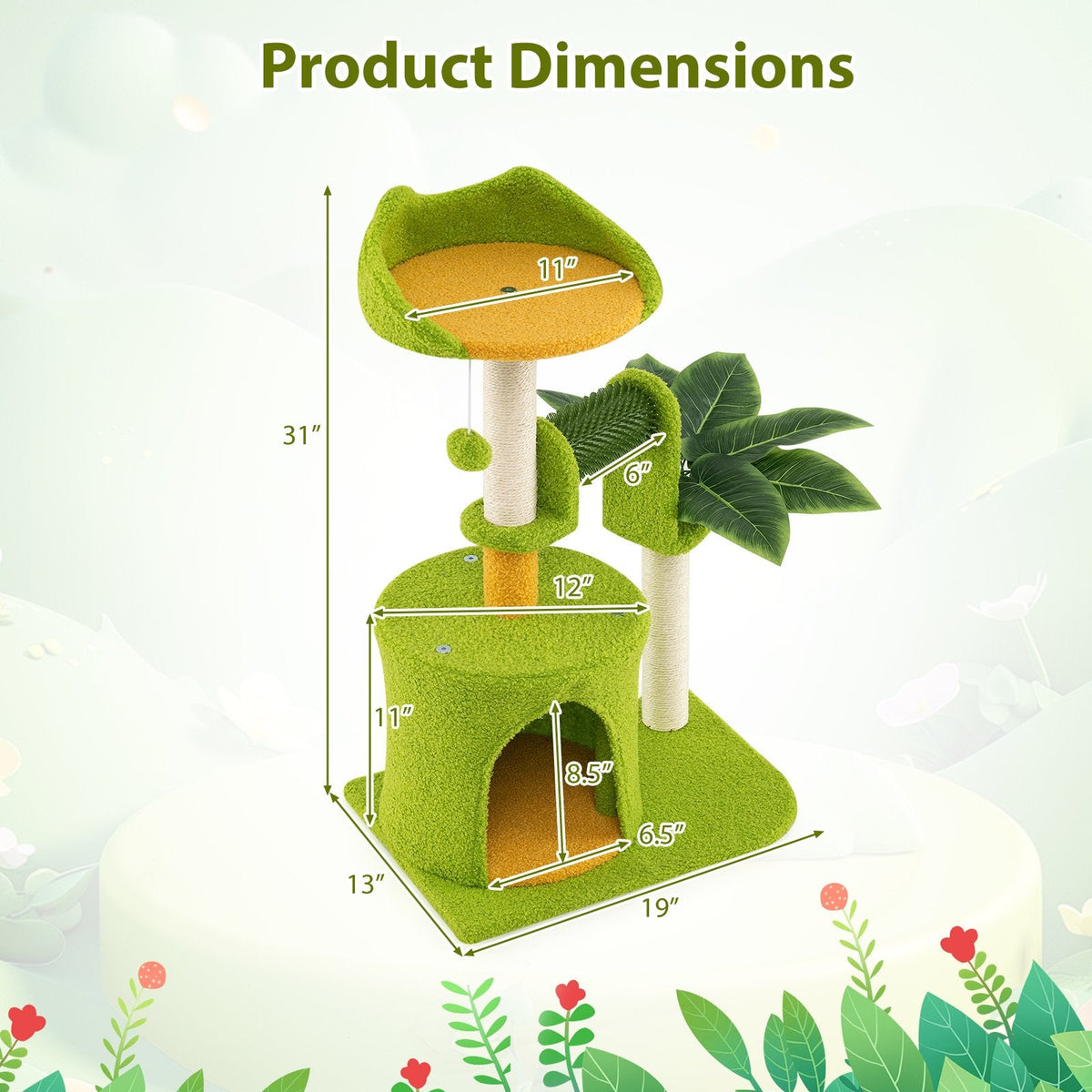 31 Inch Palm Cat Tree with an Ear Shaped Perch, Condo and Self Groomer