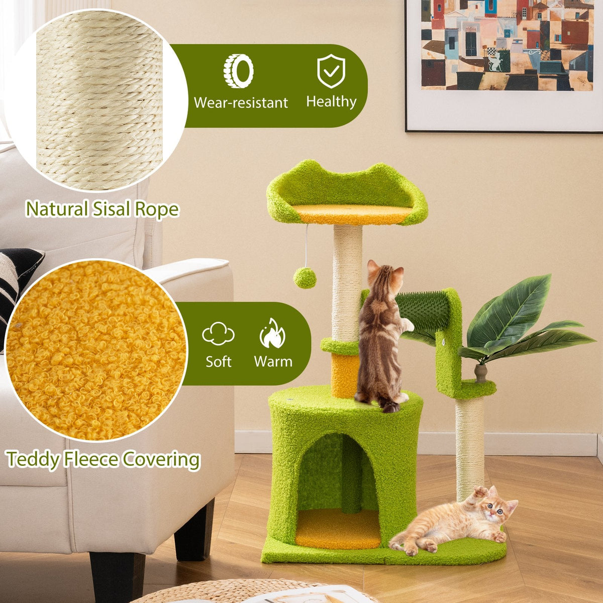 31 Inch Palm Cat Tree with an Ear Shaped Perch, Condo and Self Groomer