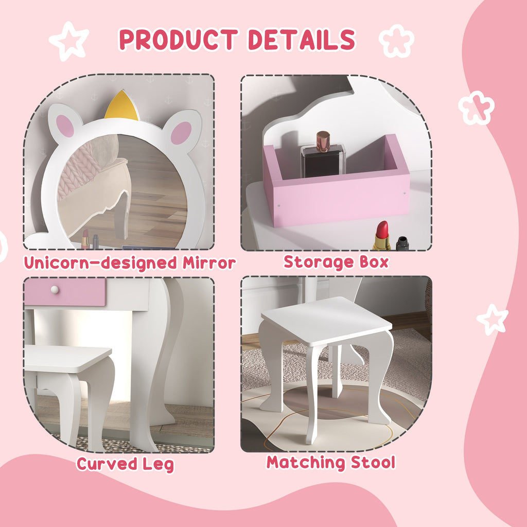 Kids Makeup Vanity Set with Stool, Mirror, Drawer, Storage Boxes, Unicorn Design, White
