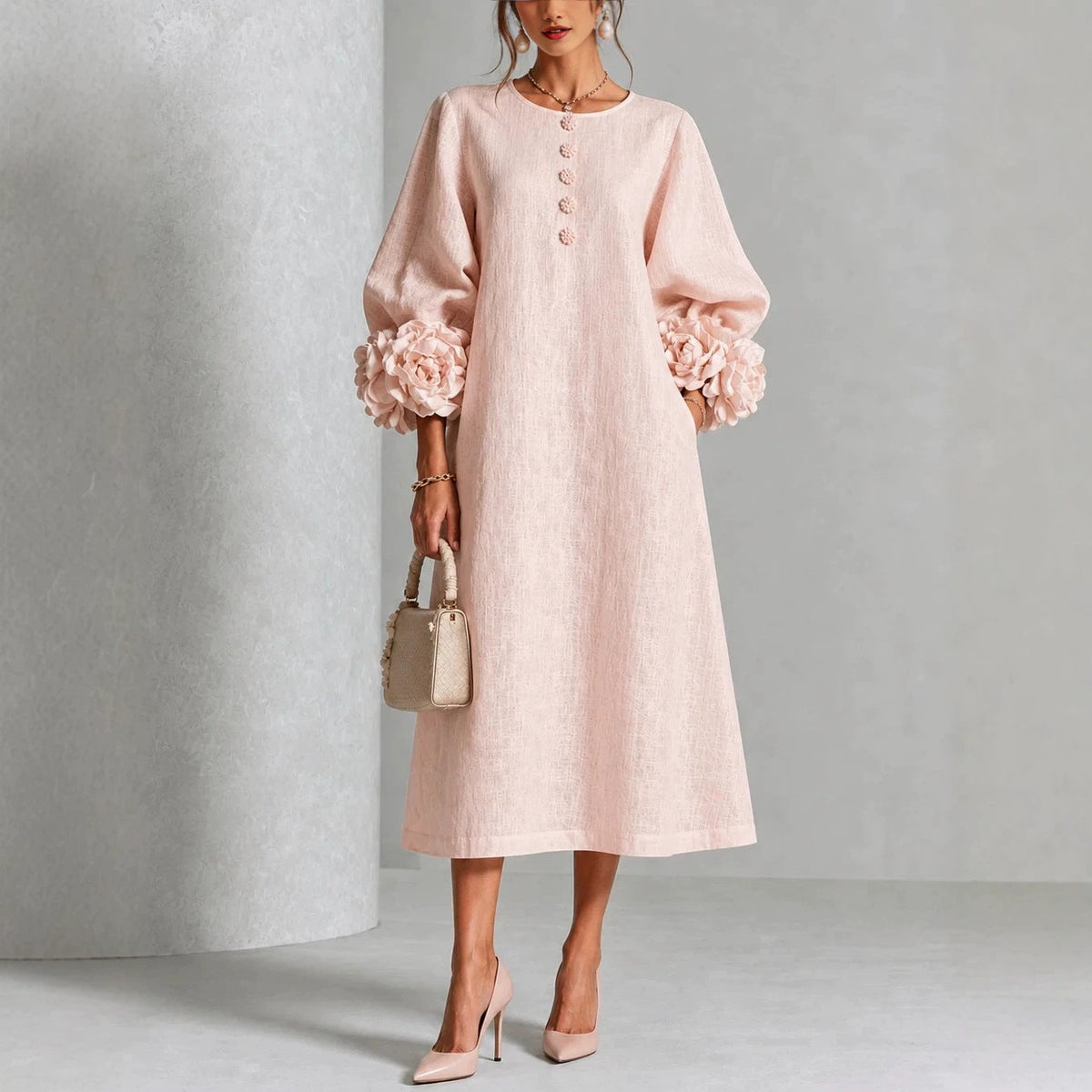 Women’s 3D Floral A-Line Dress – Puff Sleeve French-Style Party & Wedding Dress