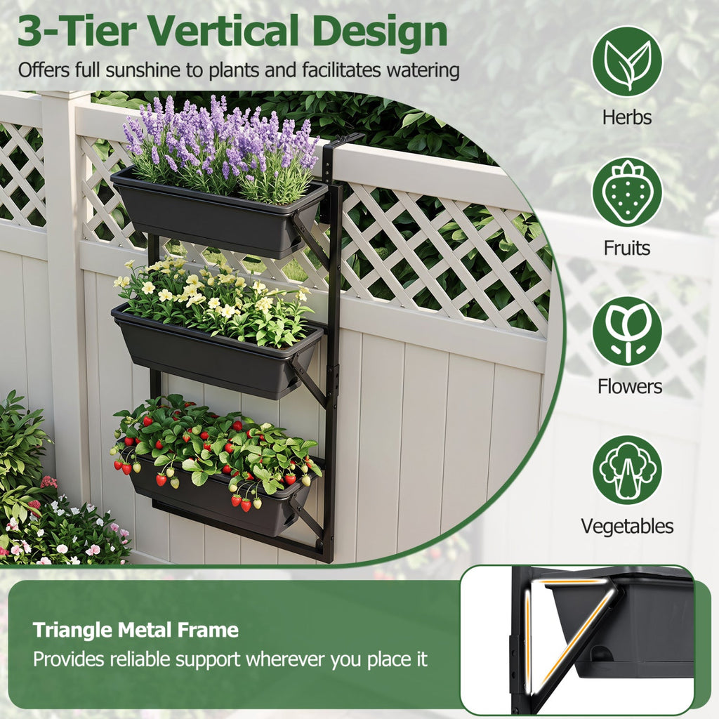 Deck Railing Planter Boxes with Adjustable Brackets & 3-Tier Design for Porch Patio-Black