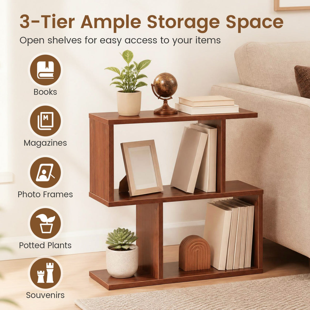 Decorative Storage Shelf Featuring Open Layout and Non-Slip Foot Pads Room Separator-Walnut