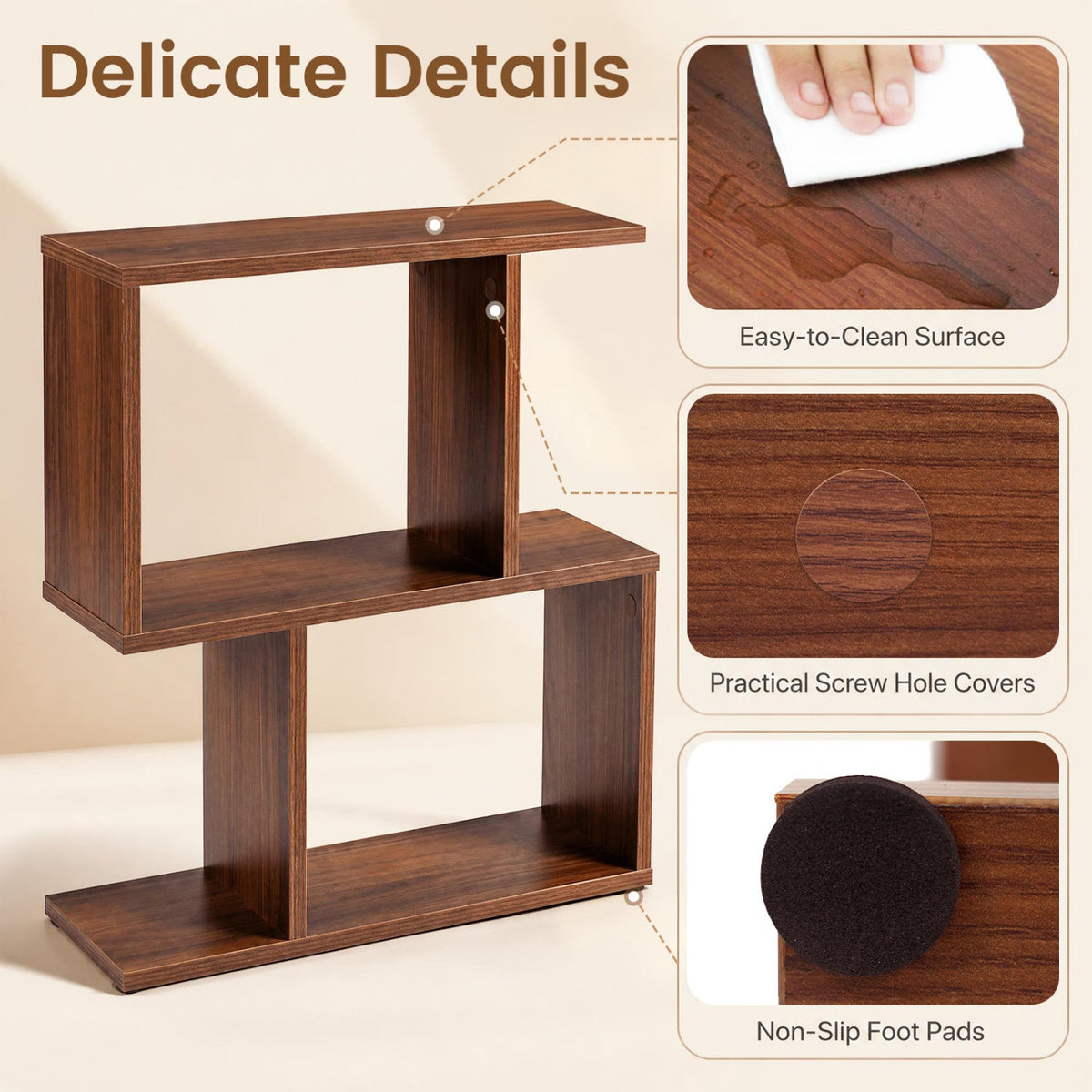 Decorative Storage Shelf Featuring Open Layout and Non-Slip Foot Pads Room Separator-Walnut