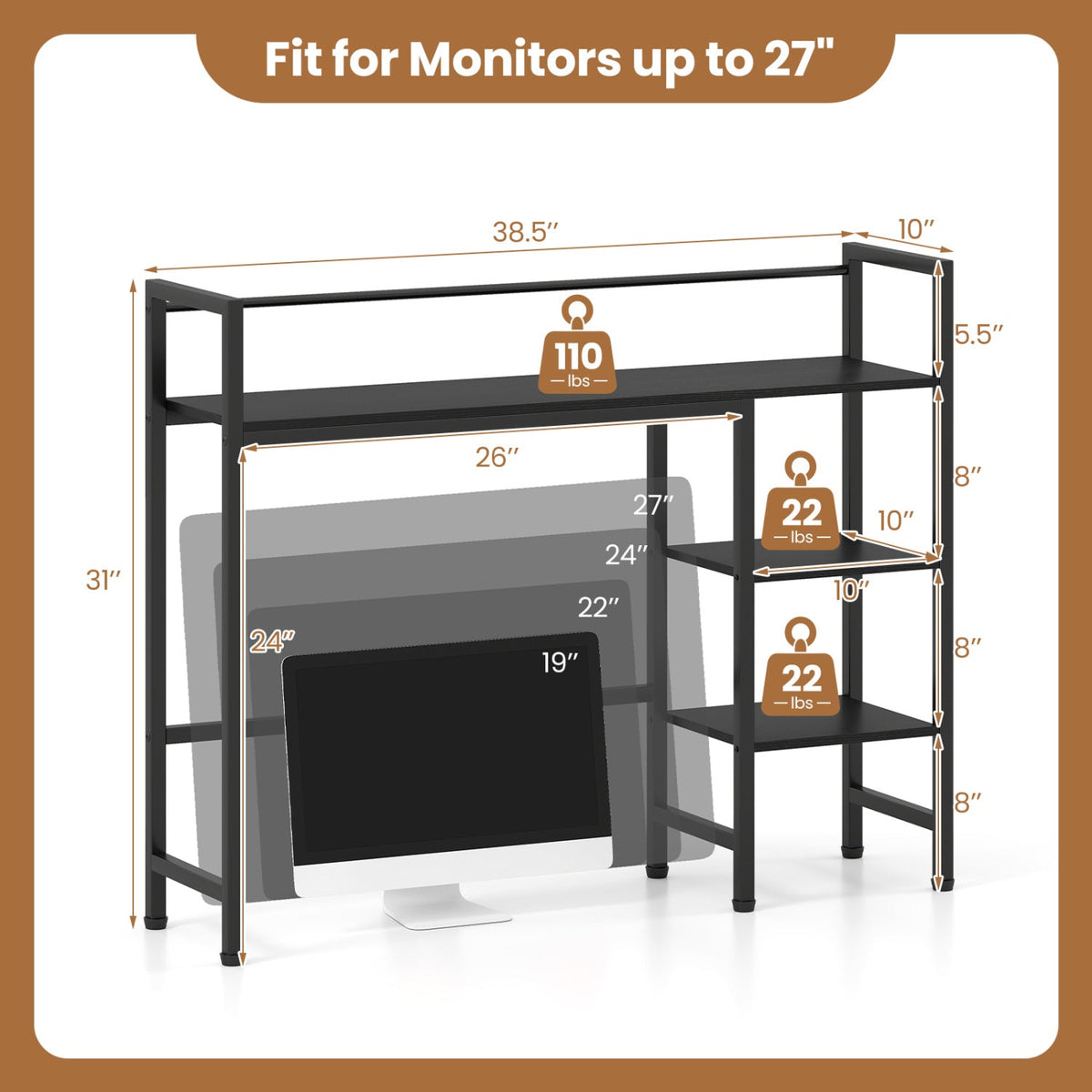 Desktop Bookshelf 38.5 inches W with Storage Display Rack for Home Office-Black