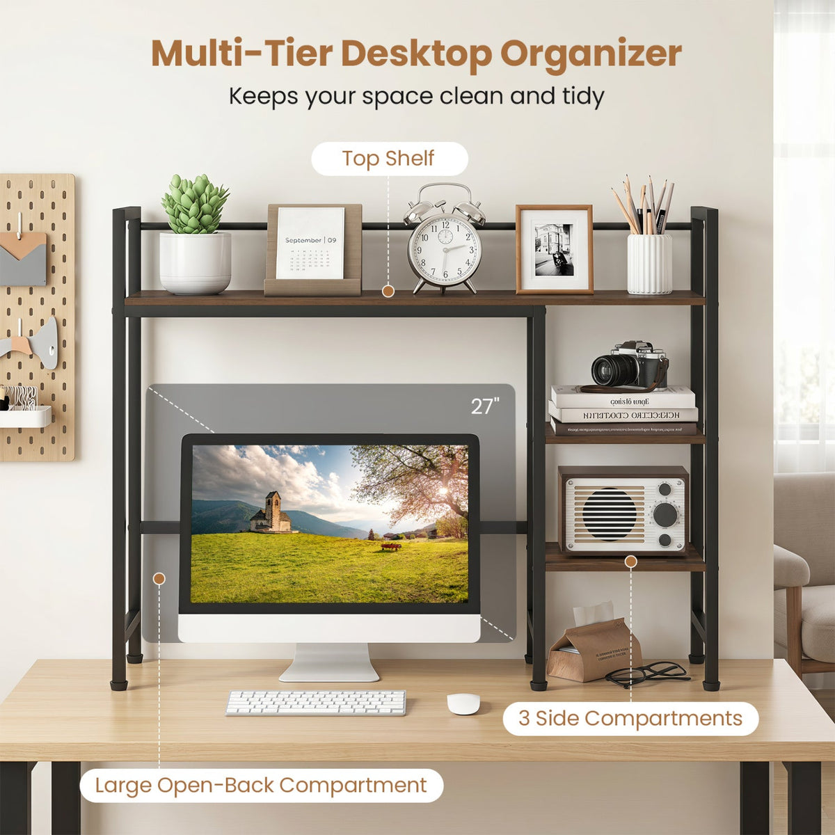 Desktop Bookshelf 38.5 inches W with Storage Display Rack for Home Office-Rustic Brown
