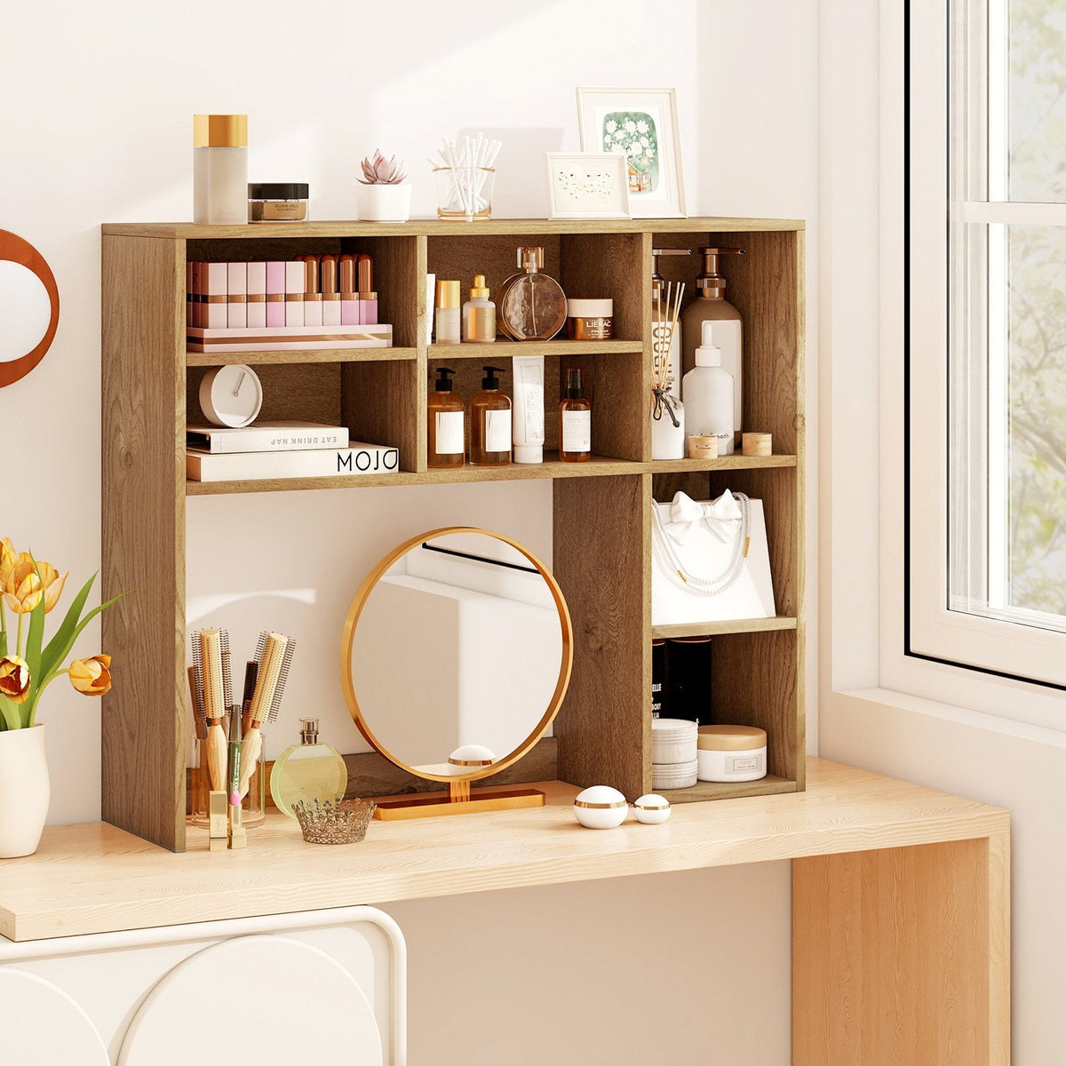 Desktop Bookshelf with 7 Open Cubbies and 3 Adjustable Shelves-Natural