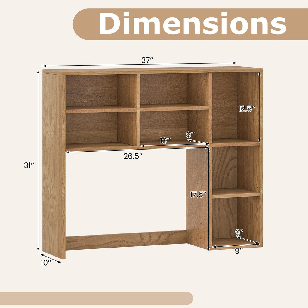 Desktop Bookshelf with 7 Open Cubbies and 3 Adjustable Shelves-Natural
