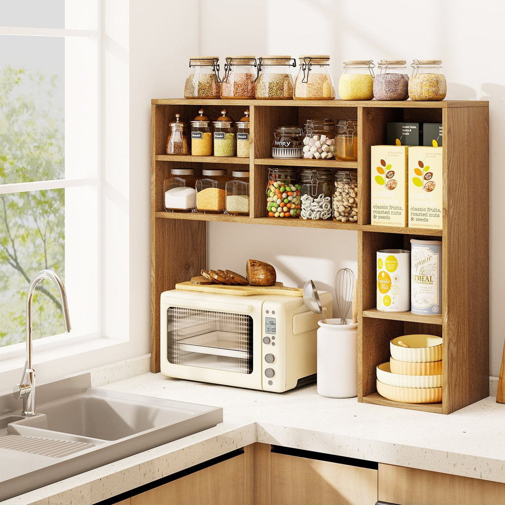 Desktop Bookshelf with 7 Open Cubbies and 3 Adjustable Shelves-Natural