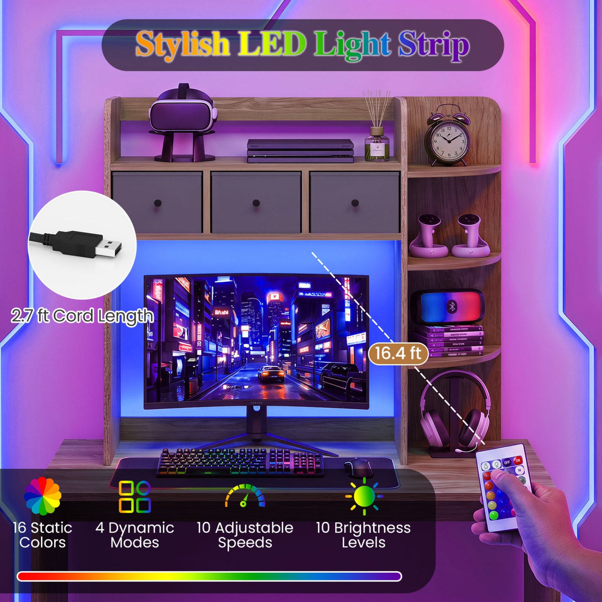 Desktop Bookshelf with LED Lights 5-Tier Shelves and 3 Drawers for Home Officce-Natural