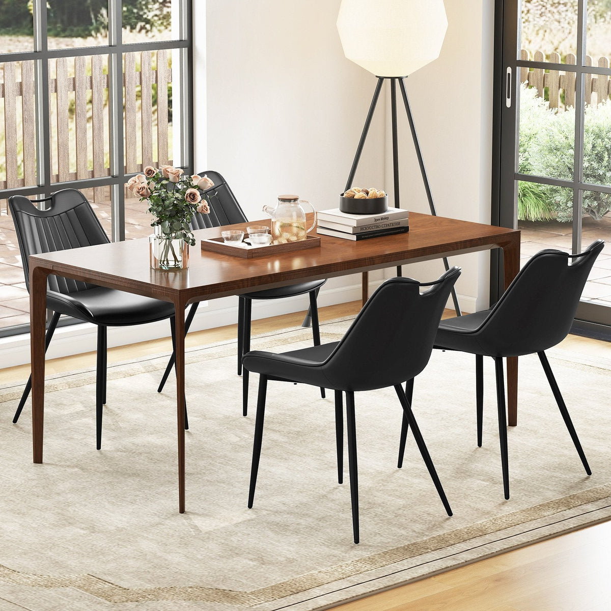 Set of 4 Black PU Leather Dining Chairs with Channel Stitched Back, Built In Handle and Metal Legs
