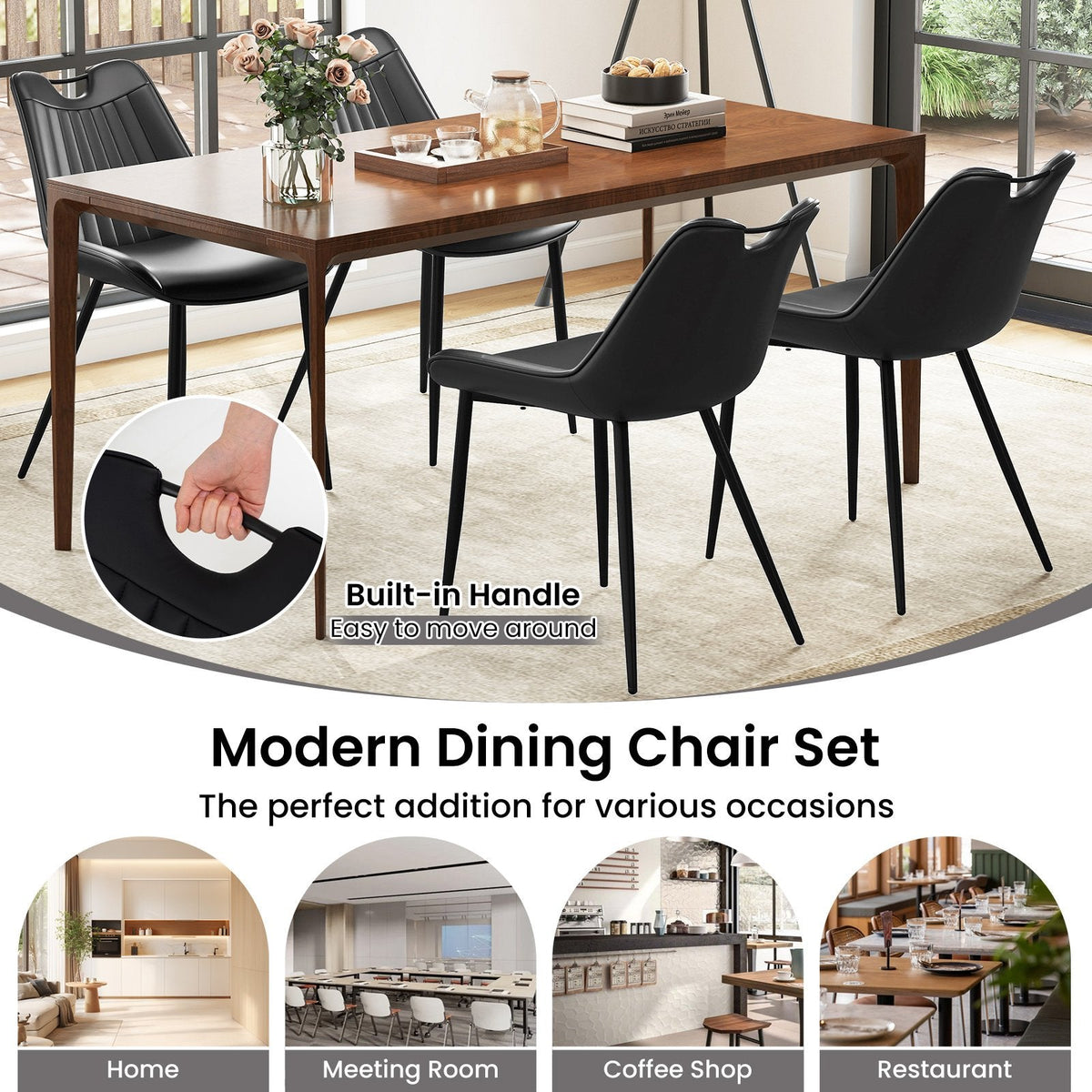 Set of 4 Black PU Leather Dining Chairs with Channel Stitched Back, Built In Handle and Metal Legs