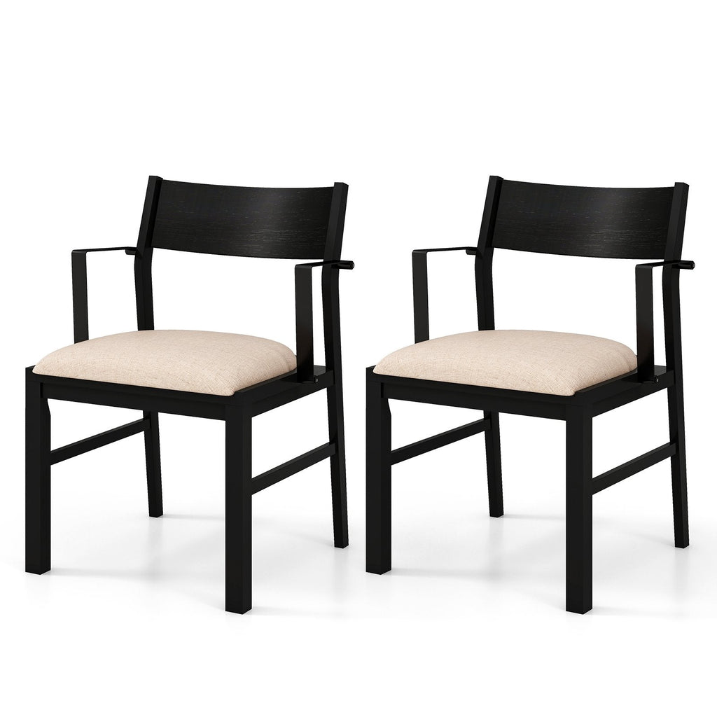 Set of 2 Dining Armchairs, Black Rubber Wood Frame with Beige Linen Seat and Metal Armrests, 400 lb