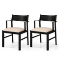 Set of 2 Dining Armchairs, Black Rubber Wood Frame with Beige Linen Seat and Metal Armrests, 400 lb