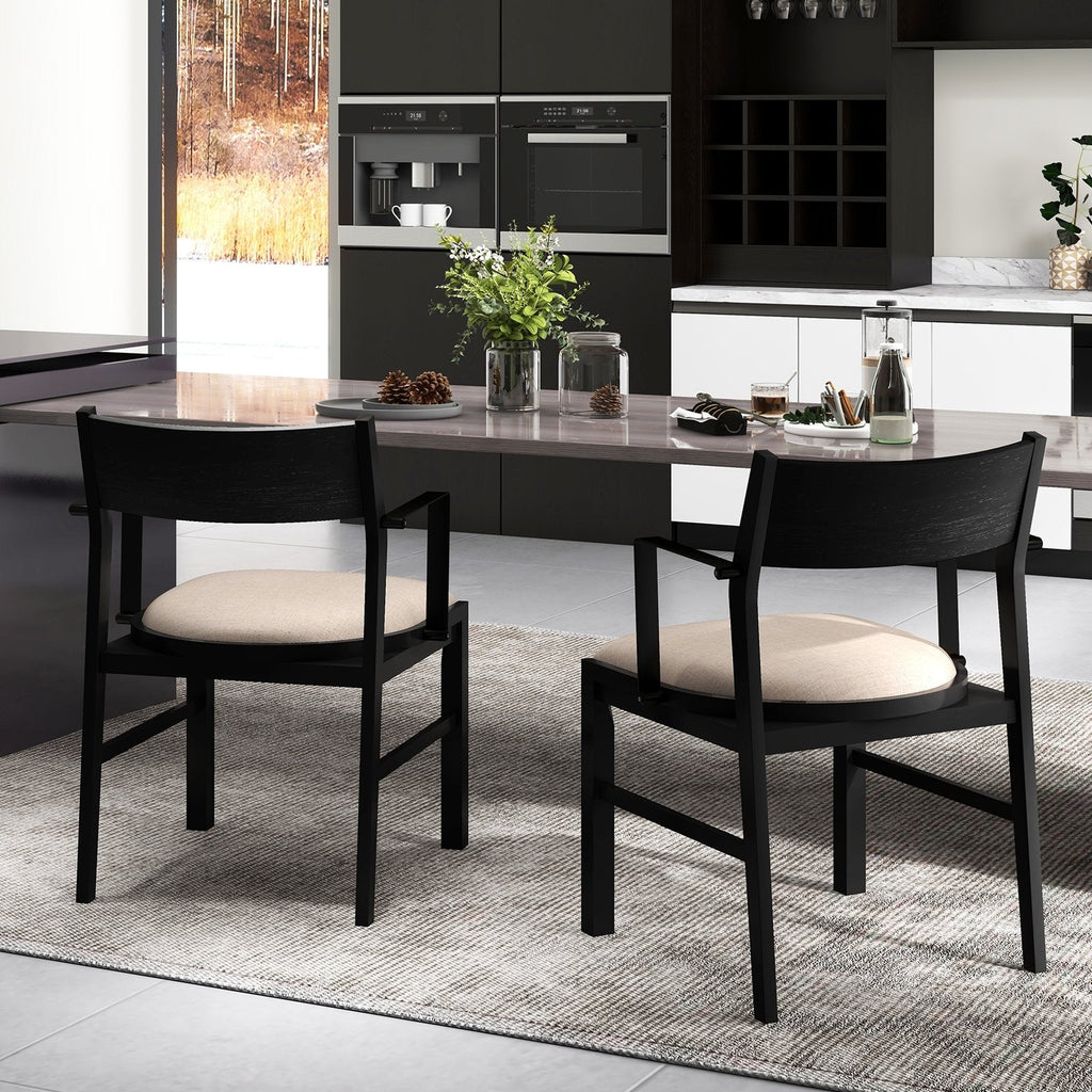 Set of 2 Dining Armchairs, Black Rubber Wood Frame with Beige Linen Seat and Metal Armrests, 400 lb