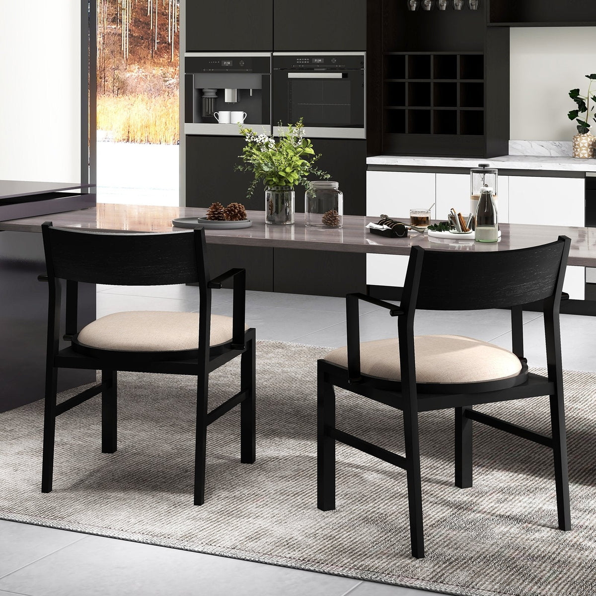 Set of 2 Dining Armchairs, Black Rubber Wood Frame with Beige Linen Seat and Metal Armrests, 400 lb