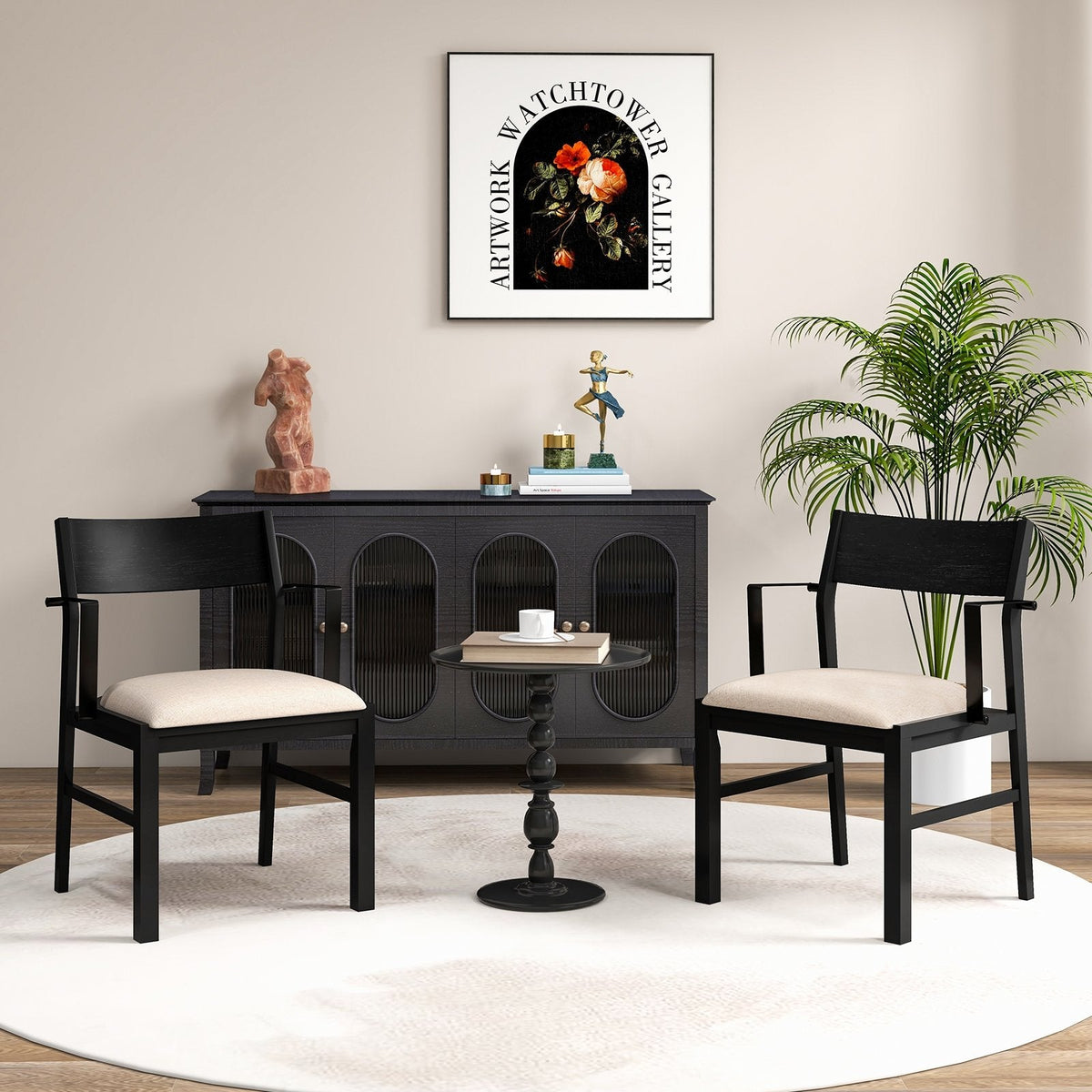 Set of 2 Dining Armchairs, Black Rubber Wood Frame with Beige Linen Seat and Metal Armrests, 400 lb