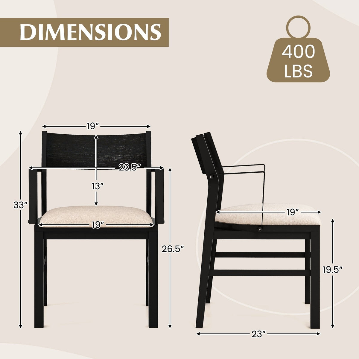 Set of 2 Dining Armchairs, Black Rubber Wood Frame with Beige Linen Seat and Metal Armrests, 400 lb