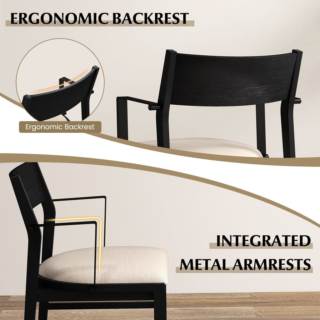Set of 2 Dining Armchairs, Black Rubber Wood Frame with Beige Linen Seat and Metal Armrests, 400 lb