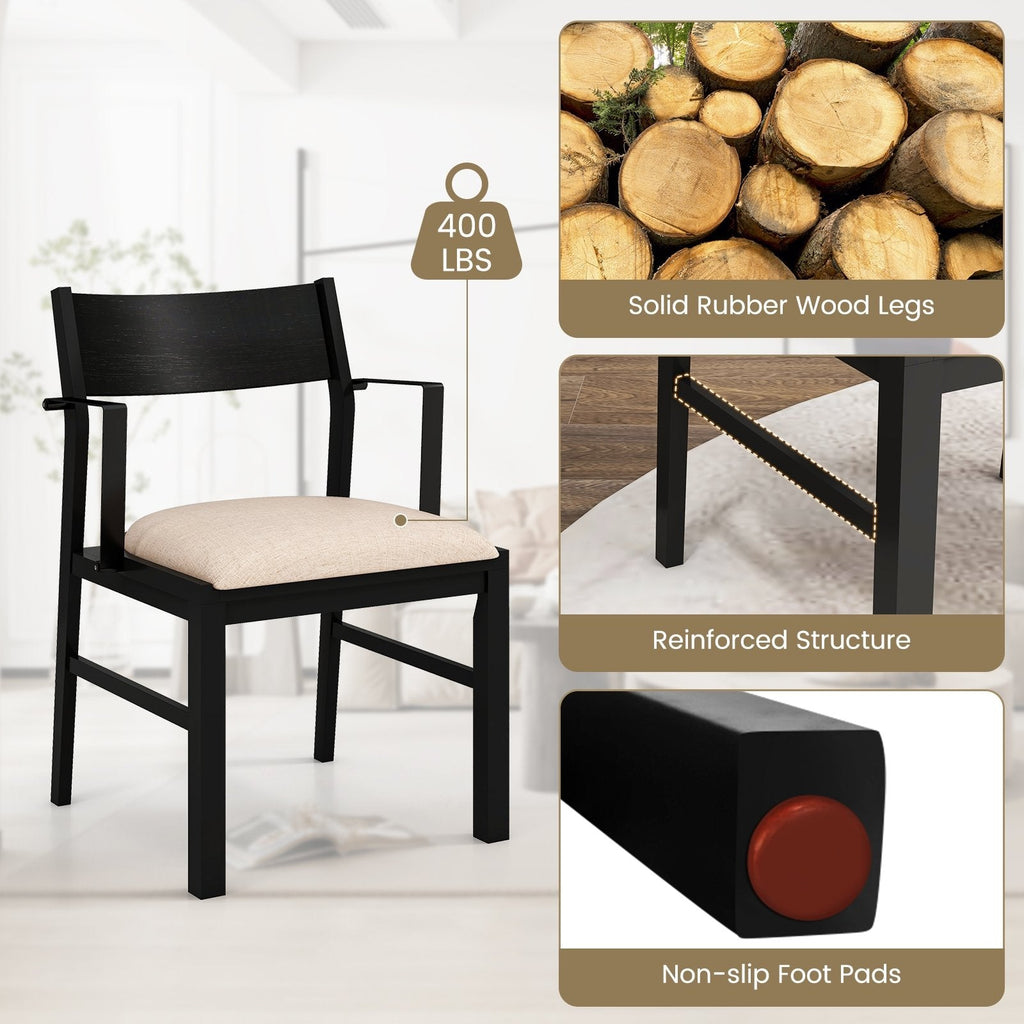 Set of 2 Dining Armchairs, Black Rubber Wood Frame with Beige Linen Seat and Metal Armrests, 400 lb
