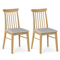 Set of 2 Spindle Back Dining Chairs, Natural Rubber Wood with Light Grey Fabric Padded Seat