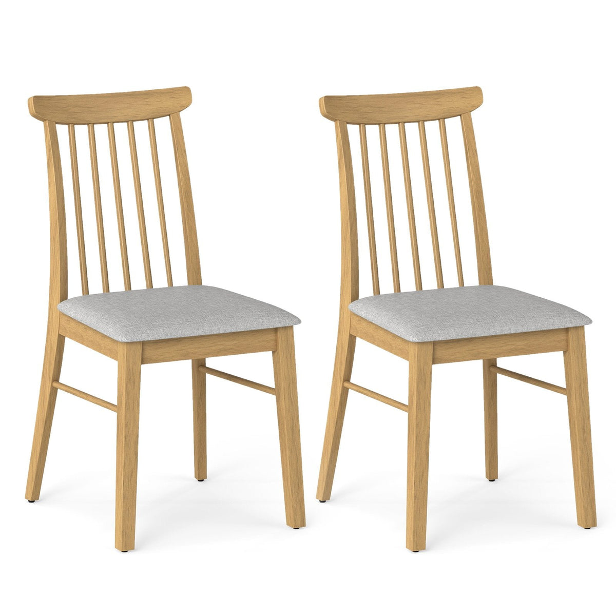 Set of 2 Spindle Back Dining Chairs, Natural Rubber Wood with Light Grey Fabric Padded Seat