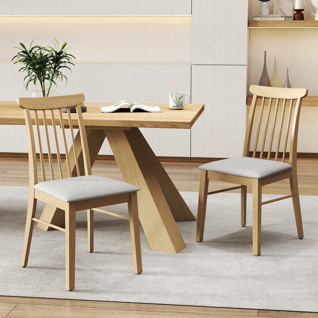 Set of 2 Spindle Back Dining Chairs, Natural Rubber Wood with Light Grey Fabric Padded Seat