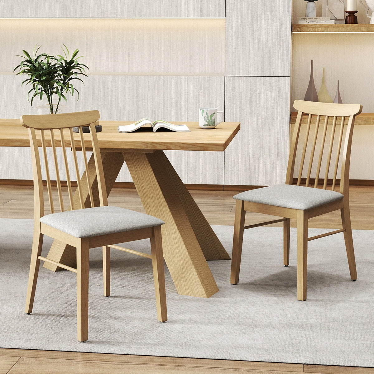 Set of 2 Spindle Back Dining Chairs, Natural Rubber Wood with Light Grey Fabric Padded Seat