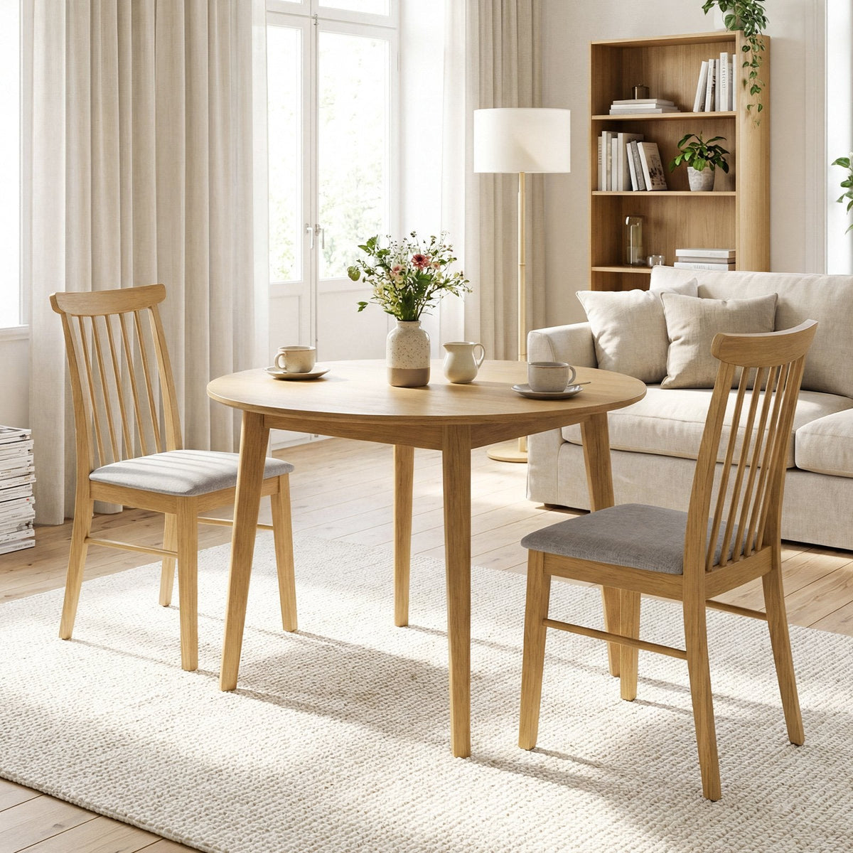 Set of 2 Spindle Back Dining Chairs, Natural Rubber Wood with Light Grey Fabric Padded Seat
