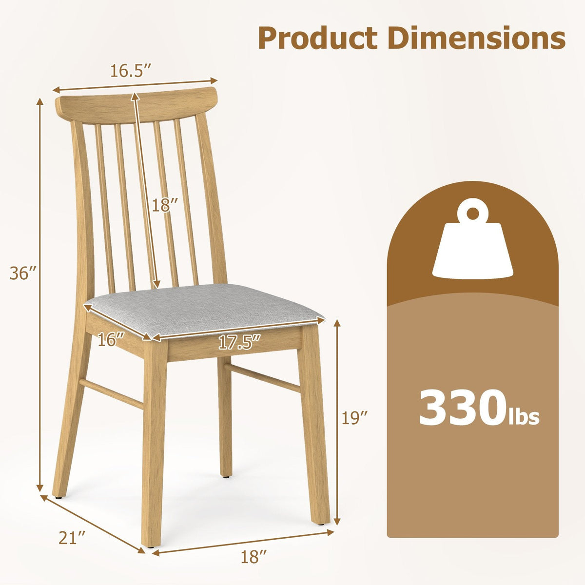 Set of 2 Spindle Back Dining Chairs, Natural Rubber Wood with Light Grey Fabric Padded Seat
