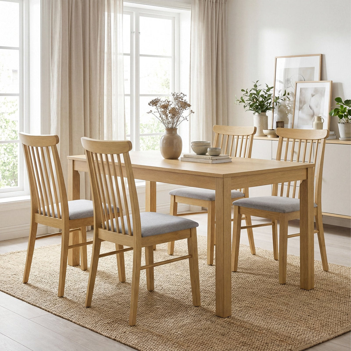 Set of 2 Spindle Back Dining Chairs, Natural Rubber Wood with Light Grey Fabric Padded Seat