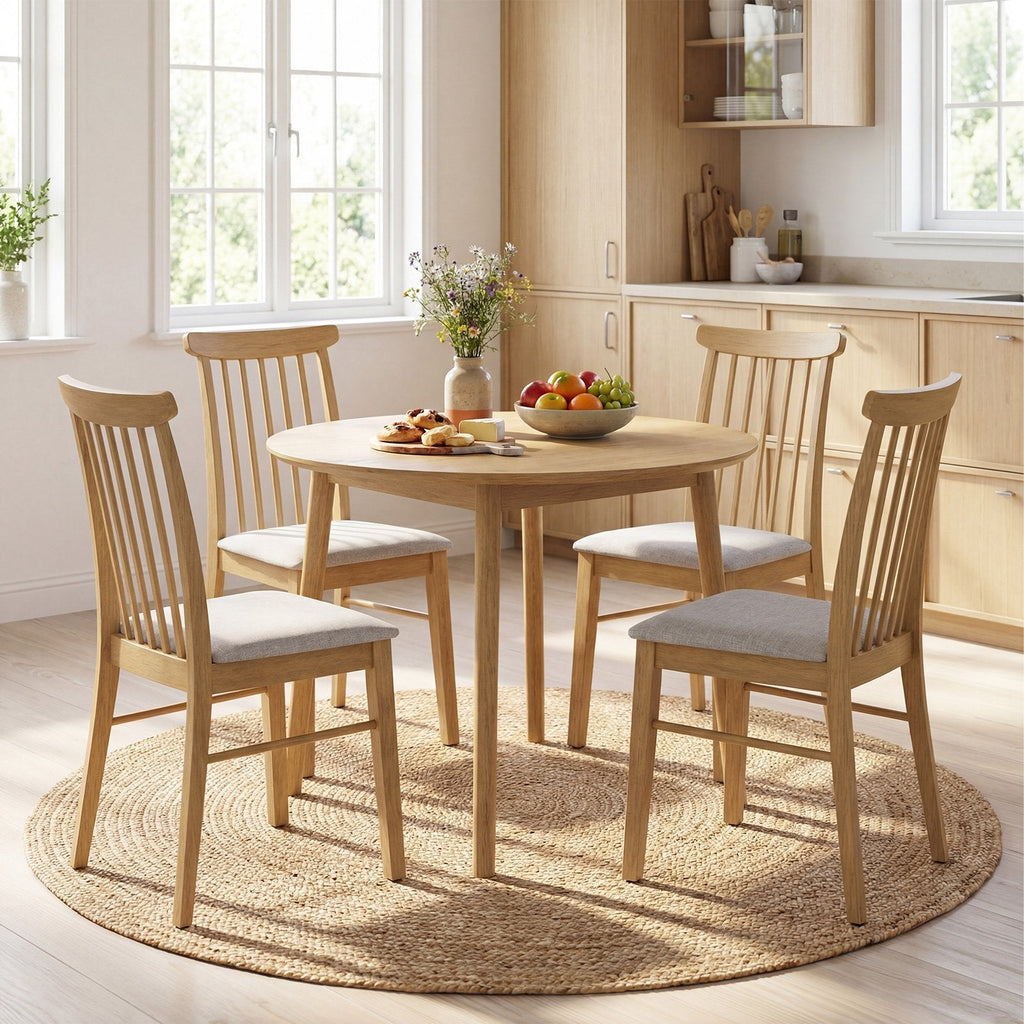Set of 2 Spindle Back Dining Chairs, Natural Rubber Wood with Light Grey Fabric Padded Seat