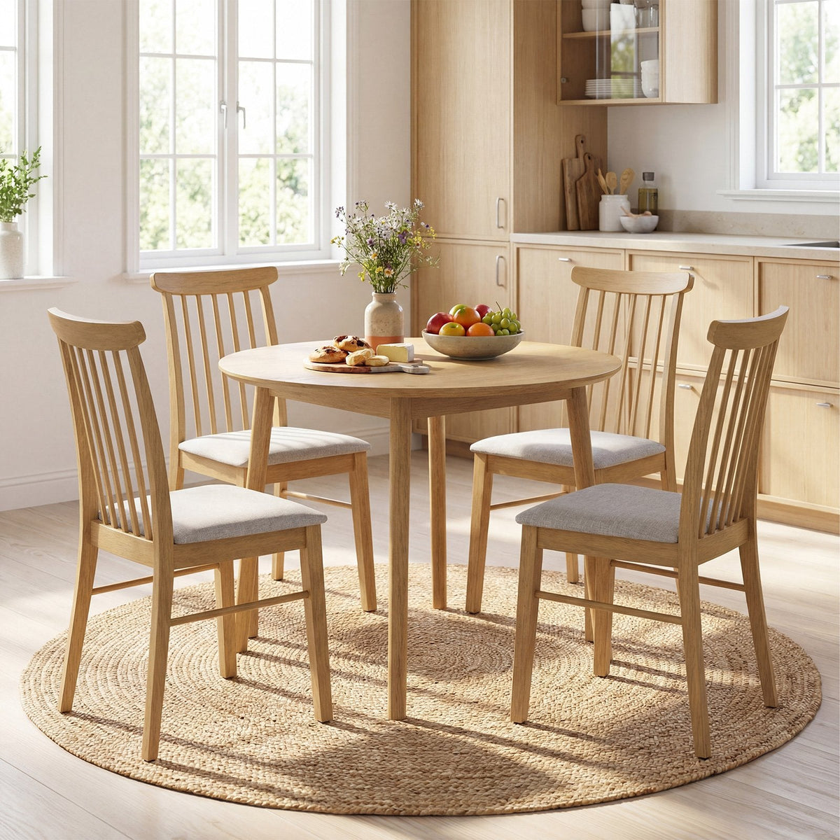 Set of 2 Spindle Back Dining Chairs, Natural Rubber Wood with Light Grey Fabric Padded Seat