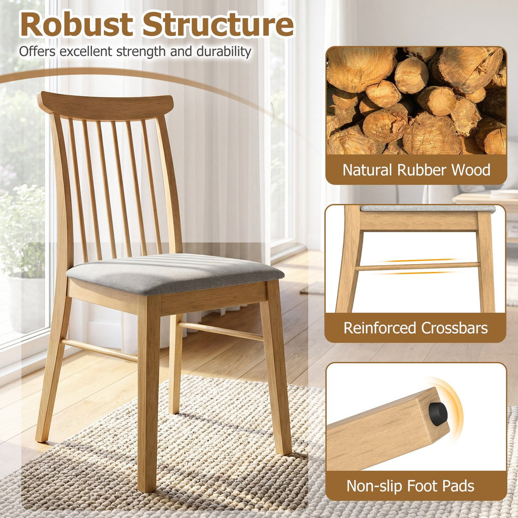 Set of 2 Spindle Back Dining Chairs, Natural Rubber Wood with Light Grey Fabric Padded Seat