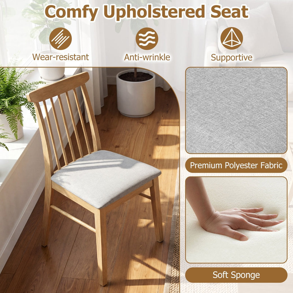 Set of 2 Spindle Back Dining Chairs, Natural Rubber Wood with Light Grey Fabric Padded Seat