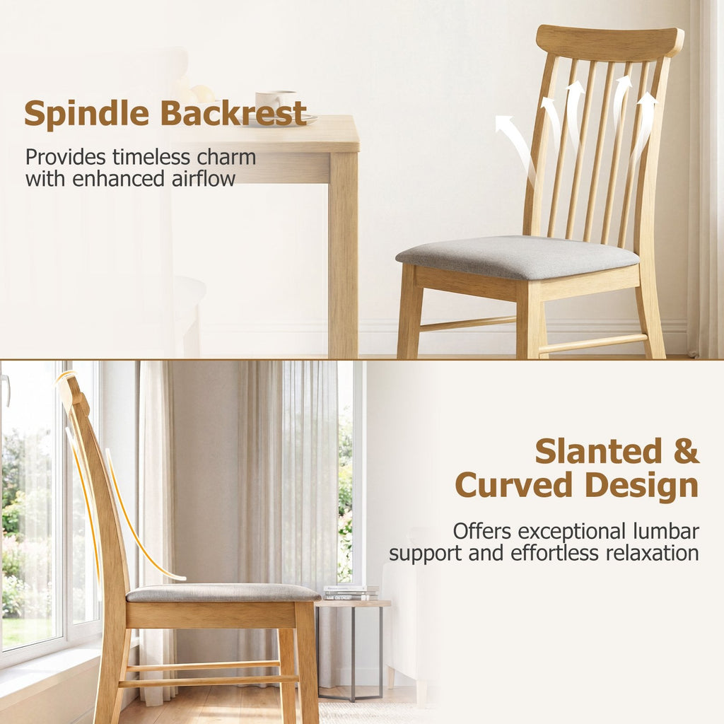 Set of 2 Spindle Back Dining Chairs, Natural Rubber Wood with Light Grey Fabric Padded Seat